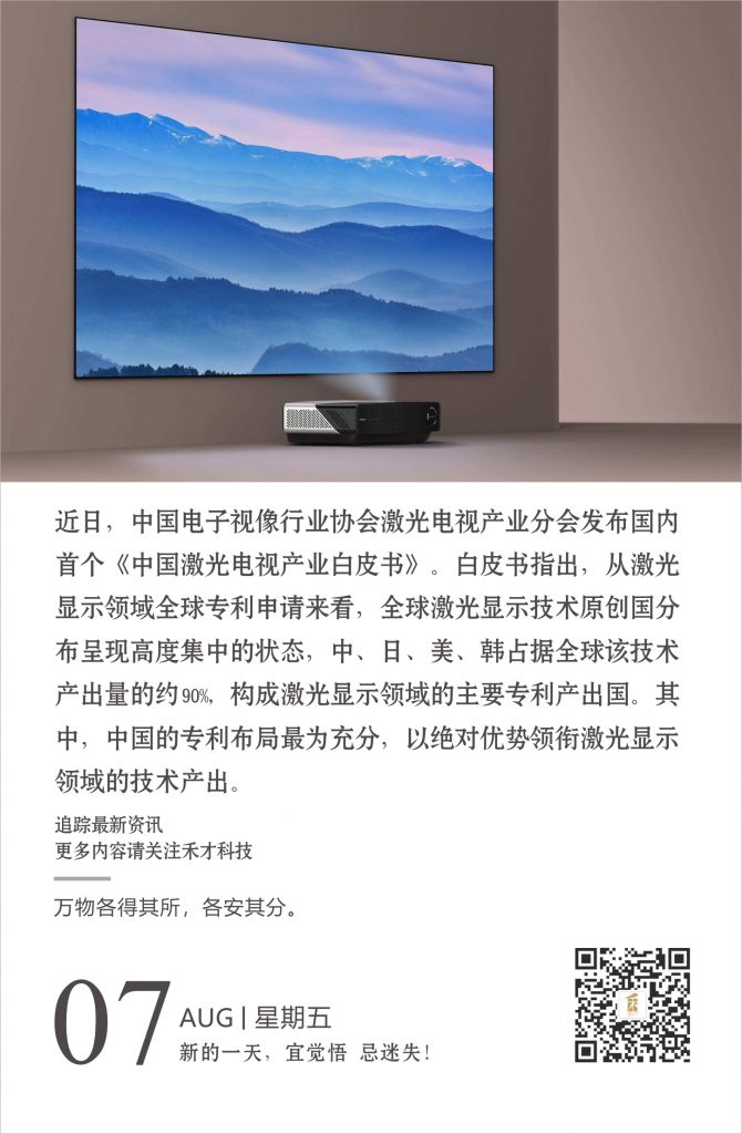 8.7快讯：激光电视白皮书发布：专利布局数中国最充分。